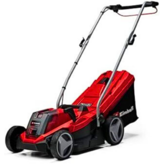 Kit tagliaerba a batteria Einhell GE-CM 18/33 Li rosso con batteria e caricabatterie in evidenza